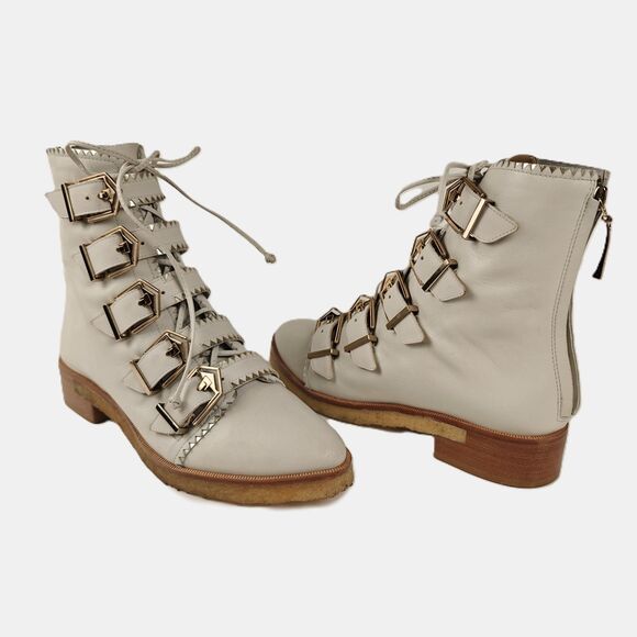 Femmes Sans Peur Buckles Lace Up Ankle Boots Ivory Gold Size 5.5/6 Y2K Western - Picture 1 of 10